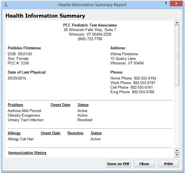 Health Information Summary Report PCC Learn