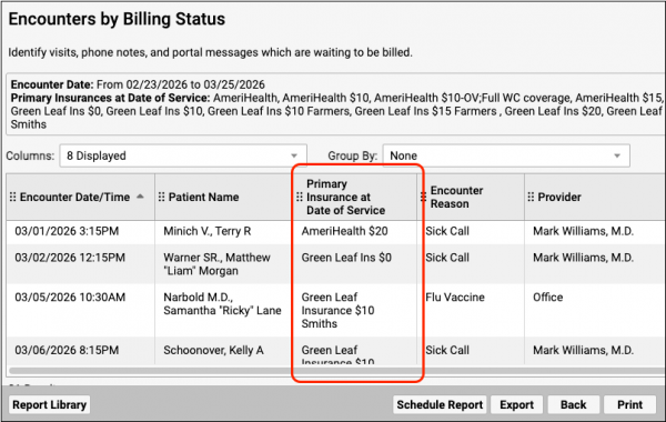 The report output displays the primary insurance column.