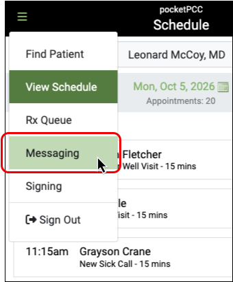 Messaging option in the main menu