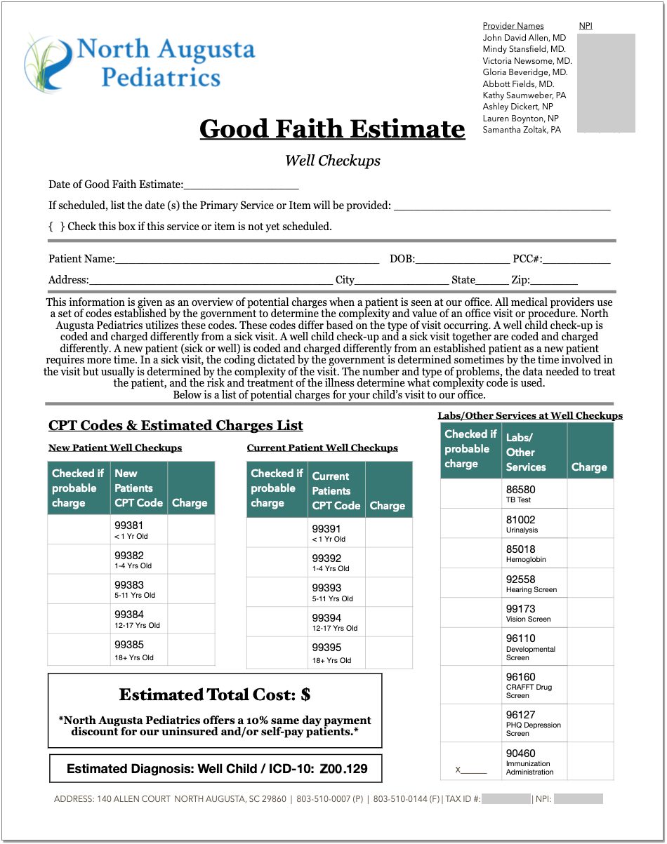 Good Faith Estimate Therapy Template