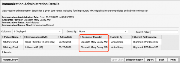 The report output displays the Provider of Encounter column.