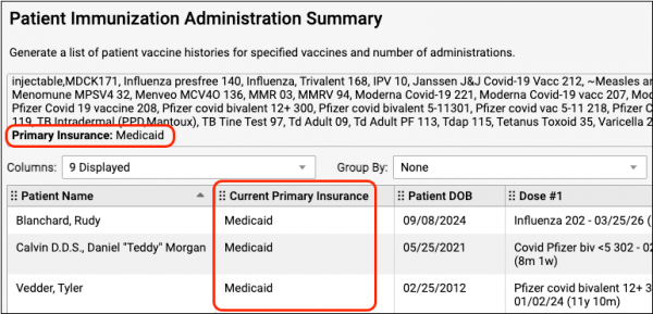 The report results display the Current Primary Insurance column.