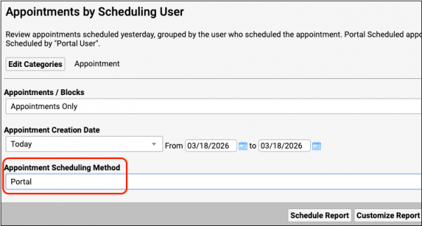 Portal option is available in the Appointment Scheduling Method filter field.