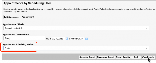 The portal user filter is highlighted on the report criteria page.