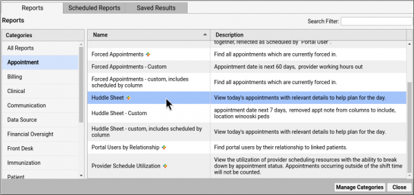 The Report Library landing page displays categories on the left and a searchable report list in the central pane.