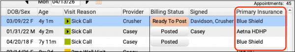 The Primary Insurance column displays the insurance group associated with the patient policy's insurance plan.