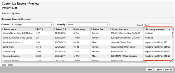 The patient list report output displays the secondary insurance column