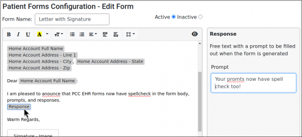 Text with errors is underlined in red in the forms editor