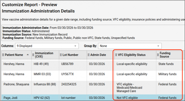 The report output displays the patients' VFC eligibility and the funding source of the vaccine administered.